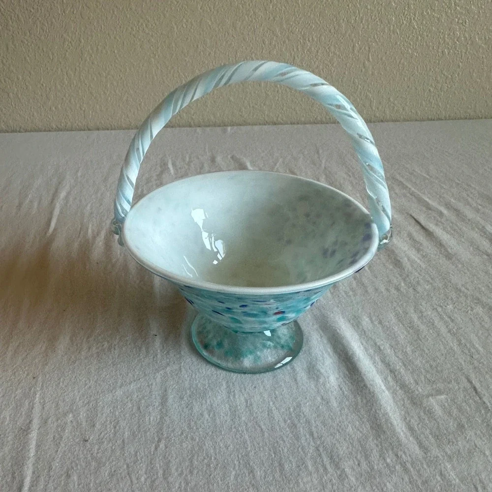 Vintage Blue Confetti Art Glass Basket Twisted Handle Pedestal Hand Blown Bowl